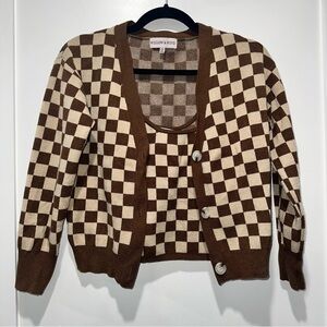 Brown Checkered Knit Cardigan and Tank Set
